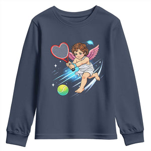 Funny Cupid Tennis Player Youth Sweatshirt Valentines Day Gift TS12 Navy Print Your Wear