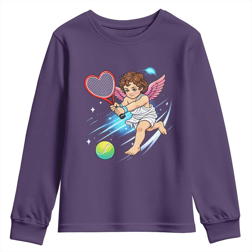 Funny Cupid Tennis Player Youth Sweatshirt Valentines Day Gift TS12 Purple Print Your Wear