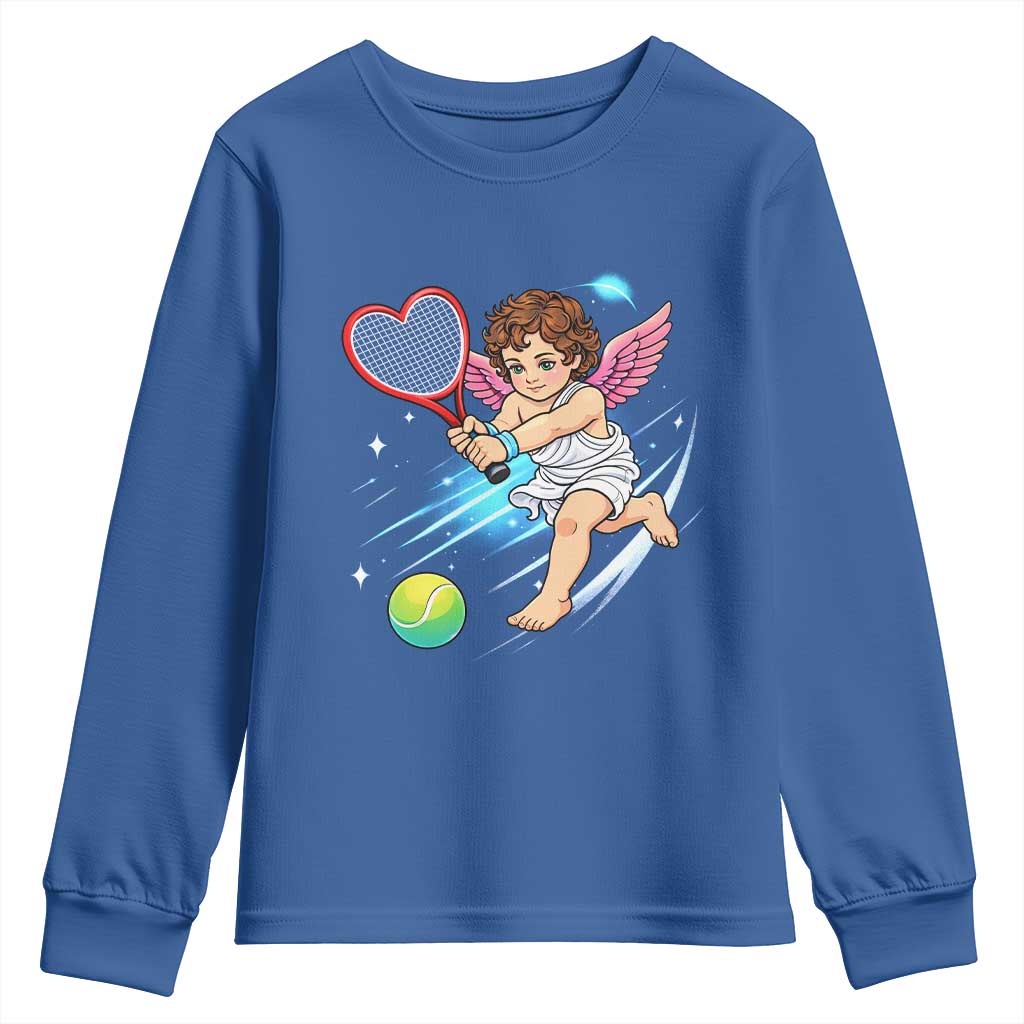 Funny Cupid Tennis Player Youth Sweatshirt Valentines Day Gift TS12 Royal Blue Print Your Wear