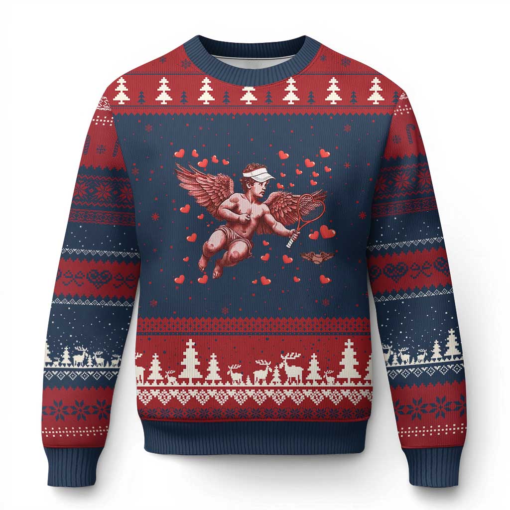 Cute Cupid Tennis Angel Ugly Christmas Sweater Valentines Day Gift TS12 Navy Red Print Your Wear