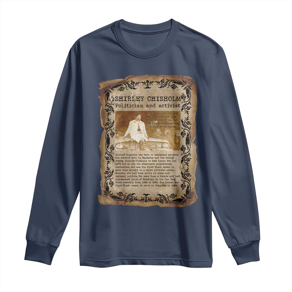 Vintage Newspaper Shirley Chisholm Long Sleeve Shirt Black History Month Gift TS12 Navy Print Your Wear
