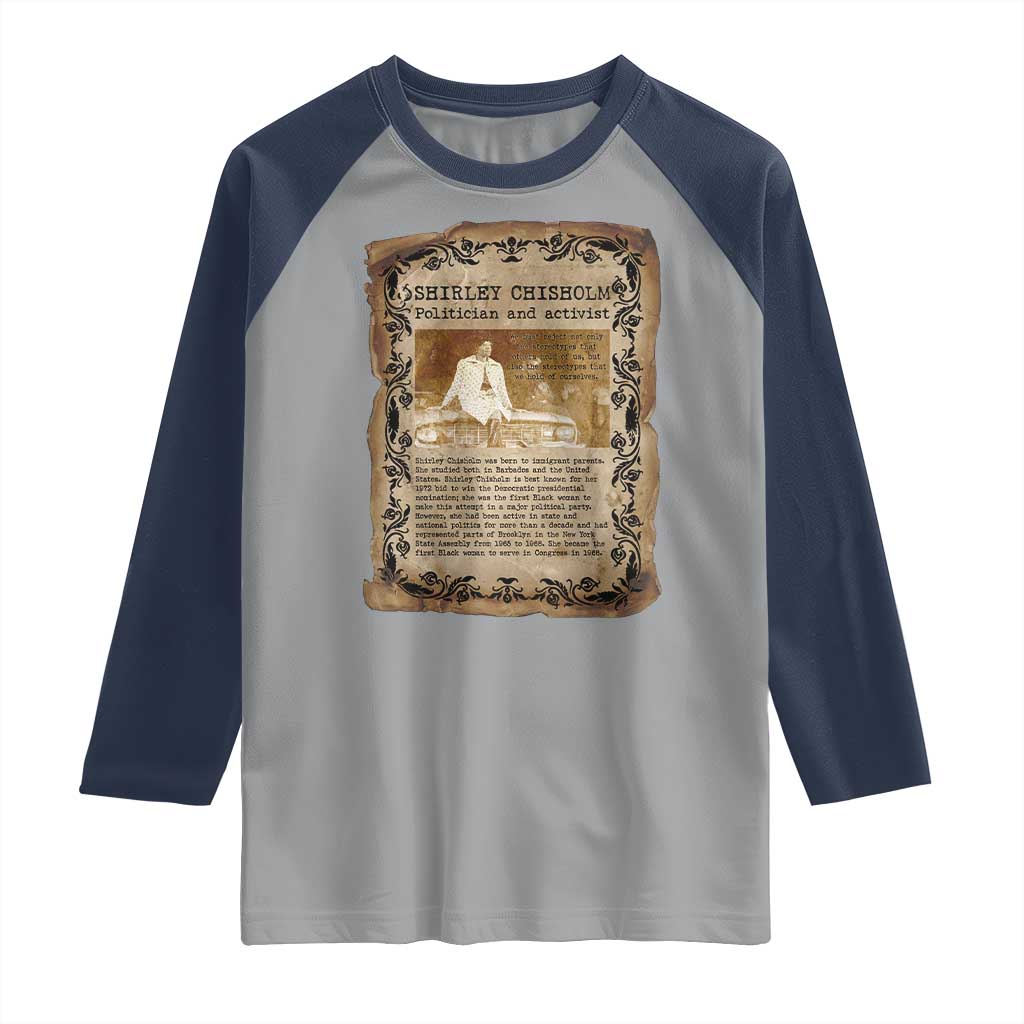 Vintage Newspaper Shirley Chisholm Raglan Shirt Black History Month Gift TS12 Sport Gray Navy Print Your Wear