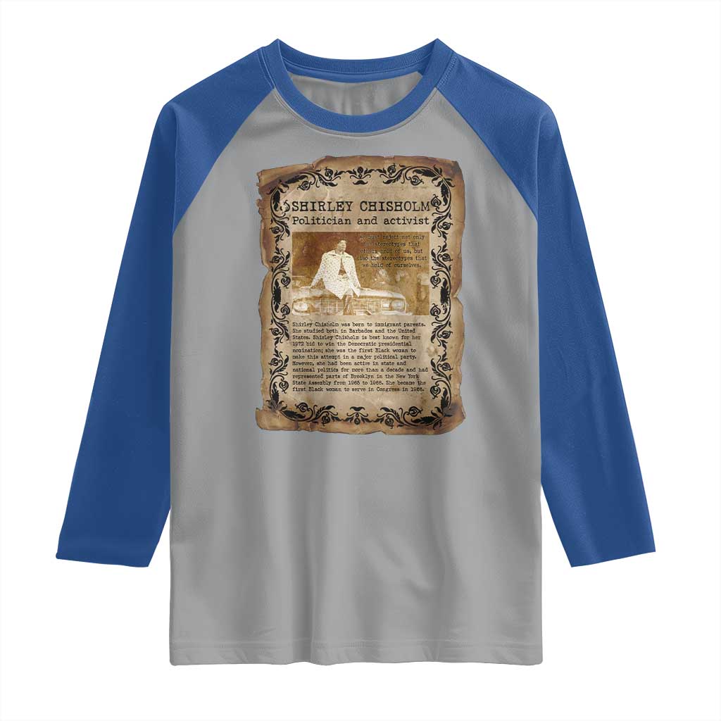 Vintage Newspaper Shirley Chisholm Raglan Shirt Black History Month Gift TS12 Sport Gray Royal Print Your Wear