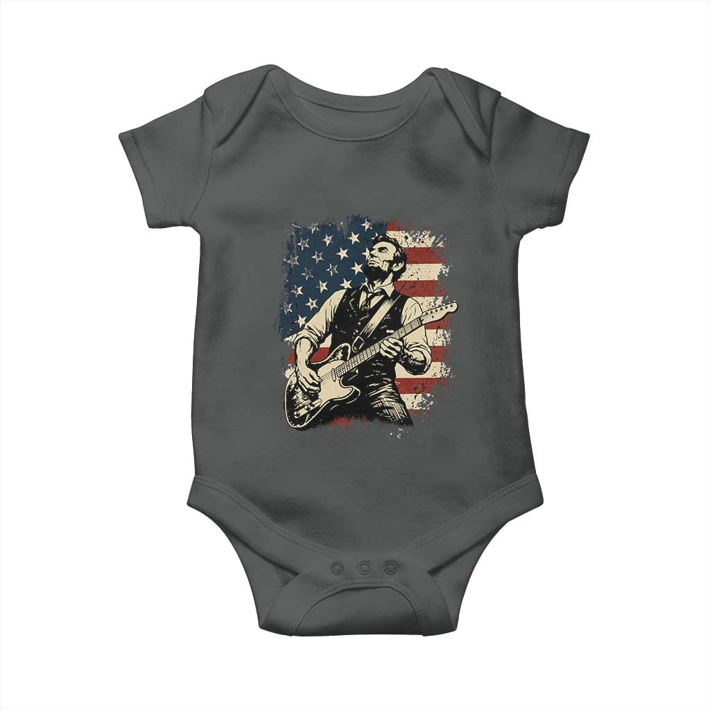 Vintage Abraham Lincoln Playing Electric Guitar Baby Onesie Patriotic Rocker Gift TS12 Dark Heather Print Your Wear