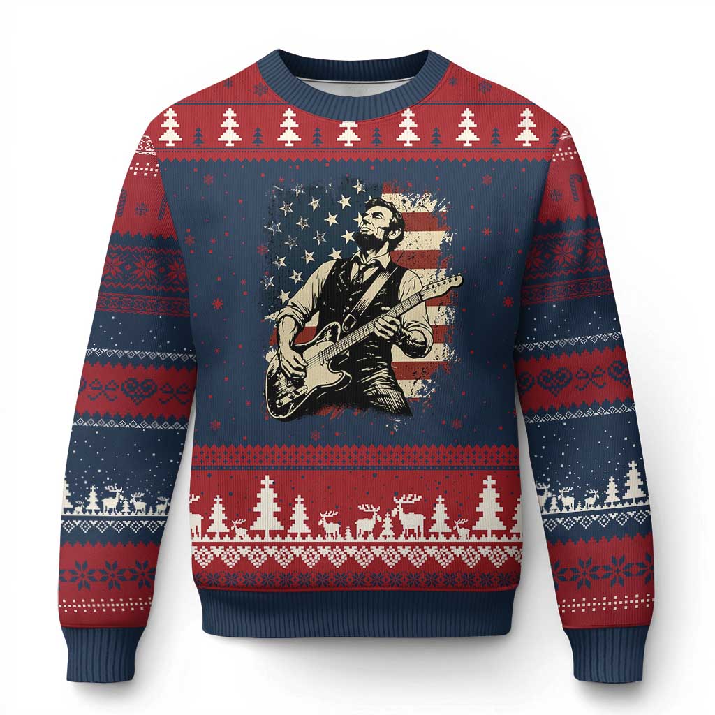 Vintage Abraham Lincoln Playing Electric Guitar Ugly Christmas Sweater Patriotic Rocker Gift TS12 Navy Red Print Your Wear