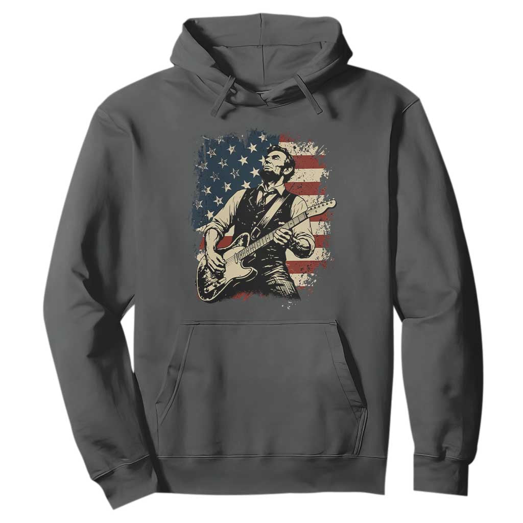 Vintage Abraham Lincoln Playing Electric Guitar Hoodie Patriotic Rocker Gift TS12 Dark Heather Print Your Wear