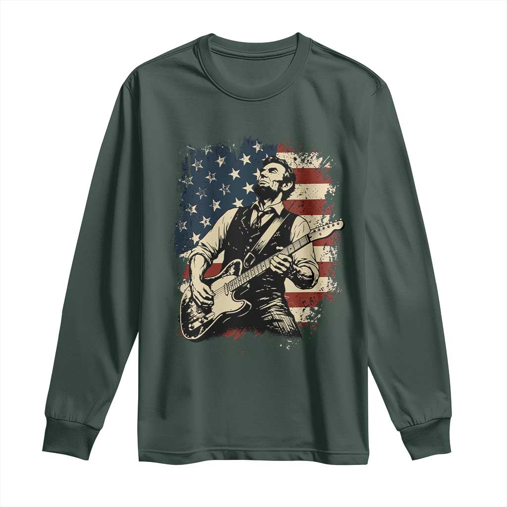 Vintage Abraham Lincoln Playing Electric Guitar Long Sleeve Shirt Patriotic Rocker Gift TS12 Dark Forest Green Print Your Wear