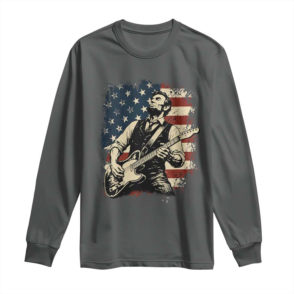 Vintage Abraham Lincoln Playing Electric Guitar Long Sleeve Shirt Patriotic Rocker Gift TS12 Dark Heather Print Your Wear
