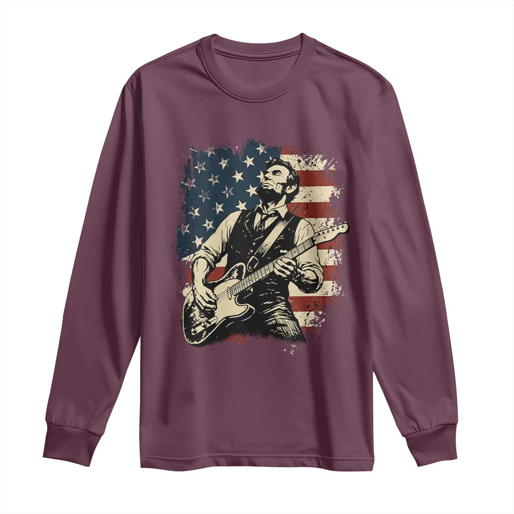 Vintage Abraham Lincoln Playing Electric Guitar Long Sleeve Shirt Patriotic Rocker Gift TS12 Maroon Print Your Wear
