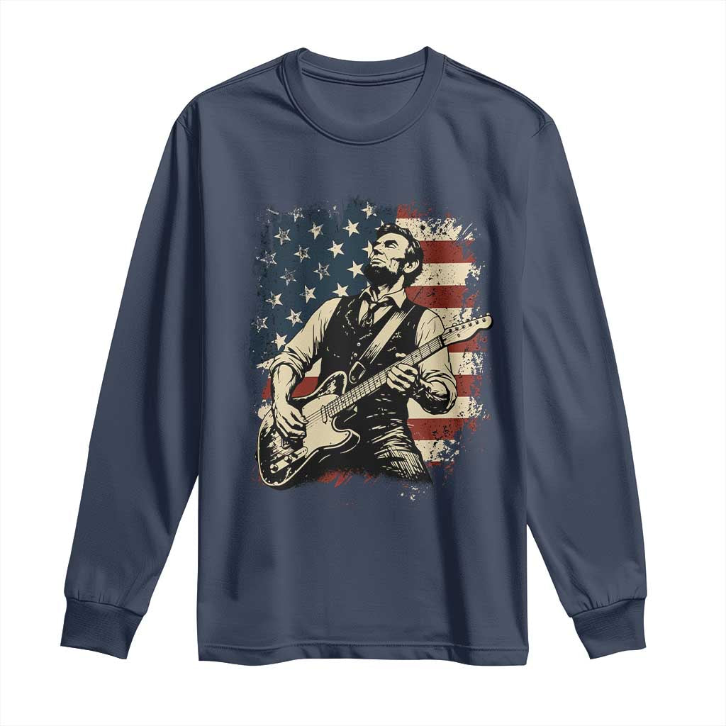 Vintage Abraham Lincoln Playing Electric Guitar Long Sleeve Shirt Patriotic Rocker Gift TS12 Navy Print Your Wear