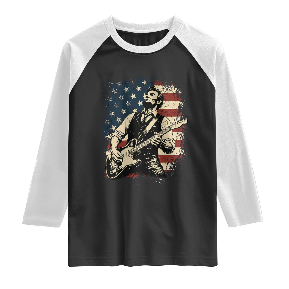 Vintage Abraham Lincoln Playing Electric Guitar Raglan Shirt Patriotic Rocker Gift TS12 Black White Print Your Wear