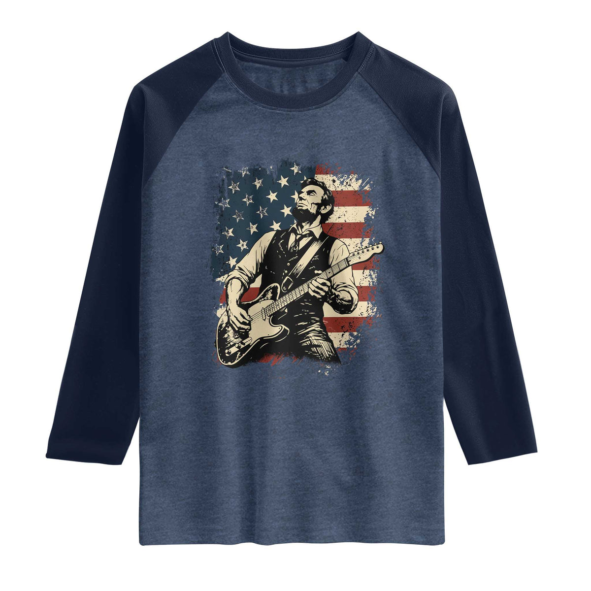 Vintage Abraham Lincoln Playing Electric Guitar Raglan Shirt Patriotic Rocker Gift TS12 Heather Denim Navy Print Your Wear