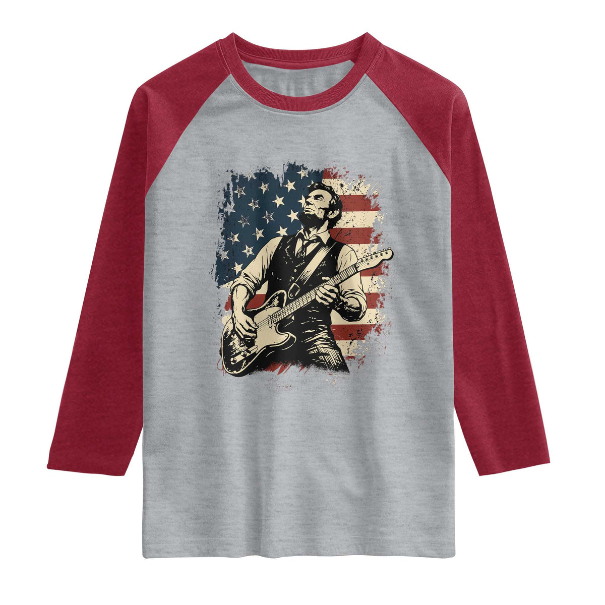Vintage Abraham Lincoln Playing Electric Guitar Raglan Shirt Patriotic Rocker Gift TS12 Heather Gray Heather Red Print Your Wear