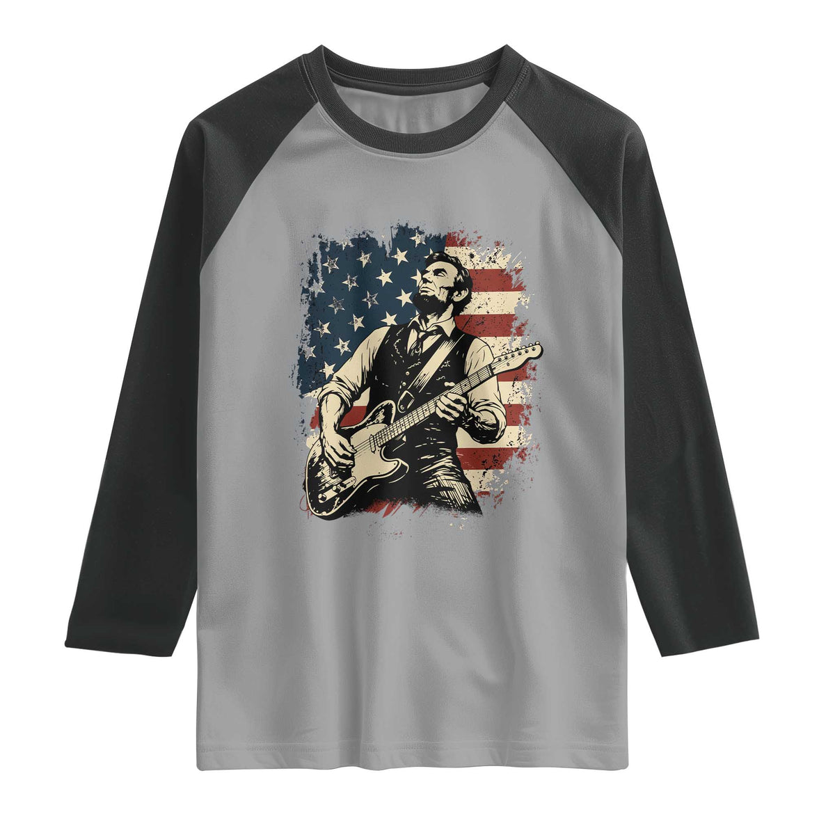 Vintage Abraham Lincoln Playing Electric Guitar Raglan Shirt Patriotic Rocker Gift TS12 Sport Gray Black Print Your Wear