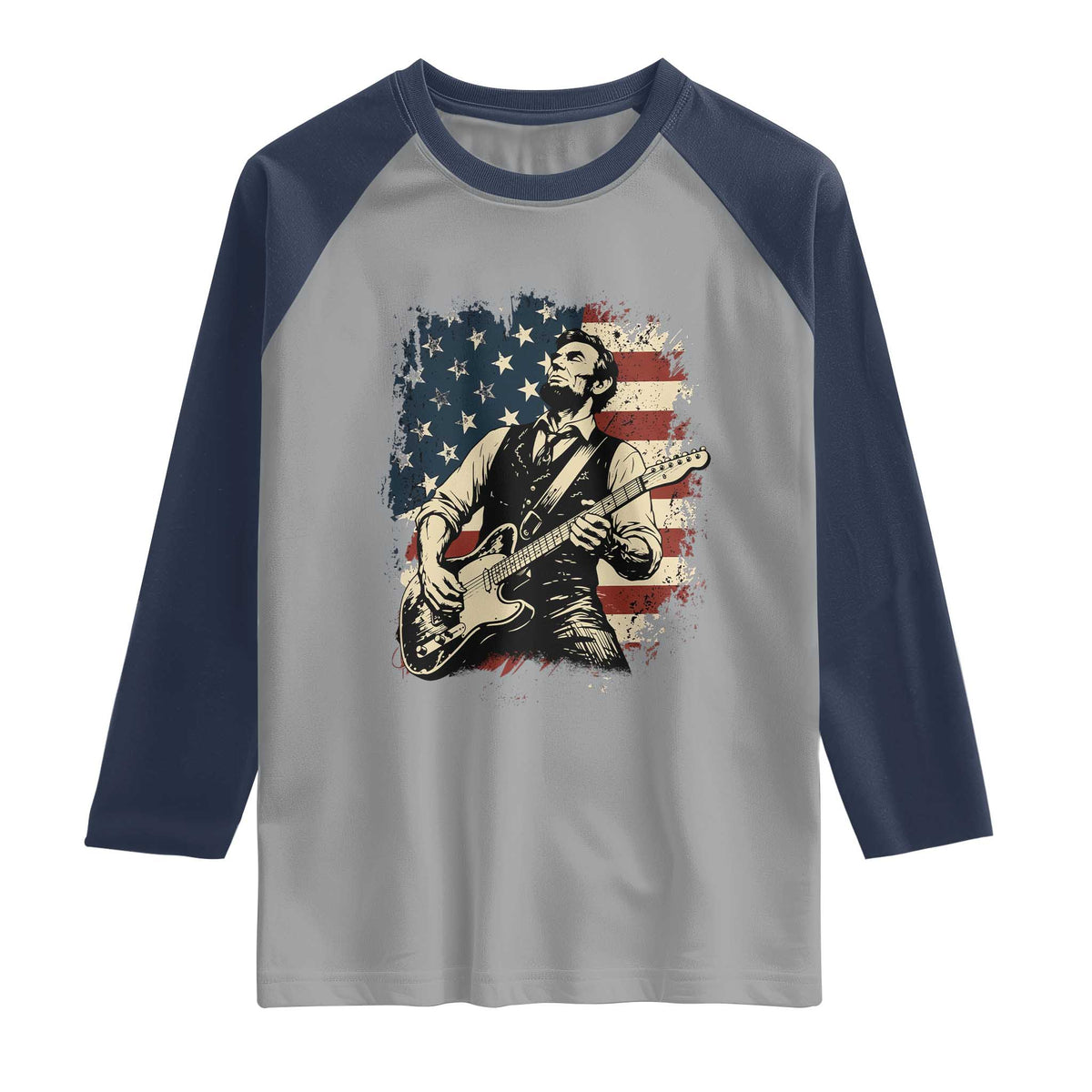 Vintage Abraham Lincoln Playing Electric Guitar Raglan Shirt Patriotic Rocker Gift TS12 Sport Gray Navy Print Your Wear