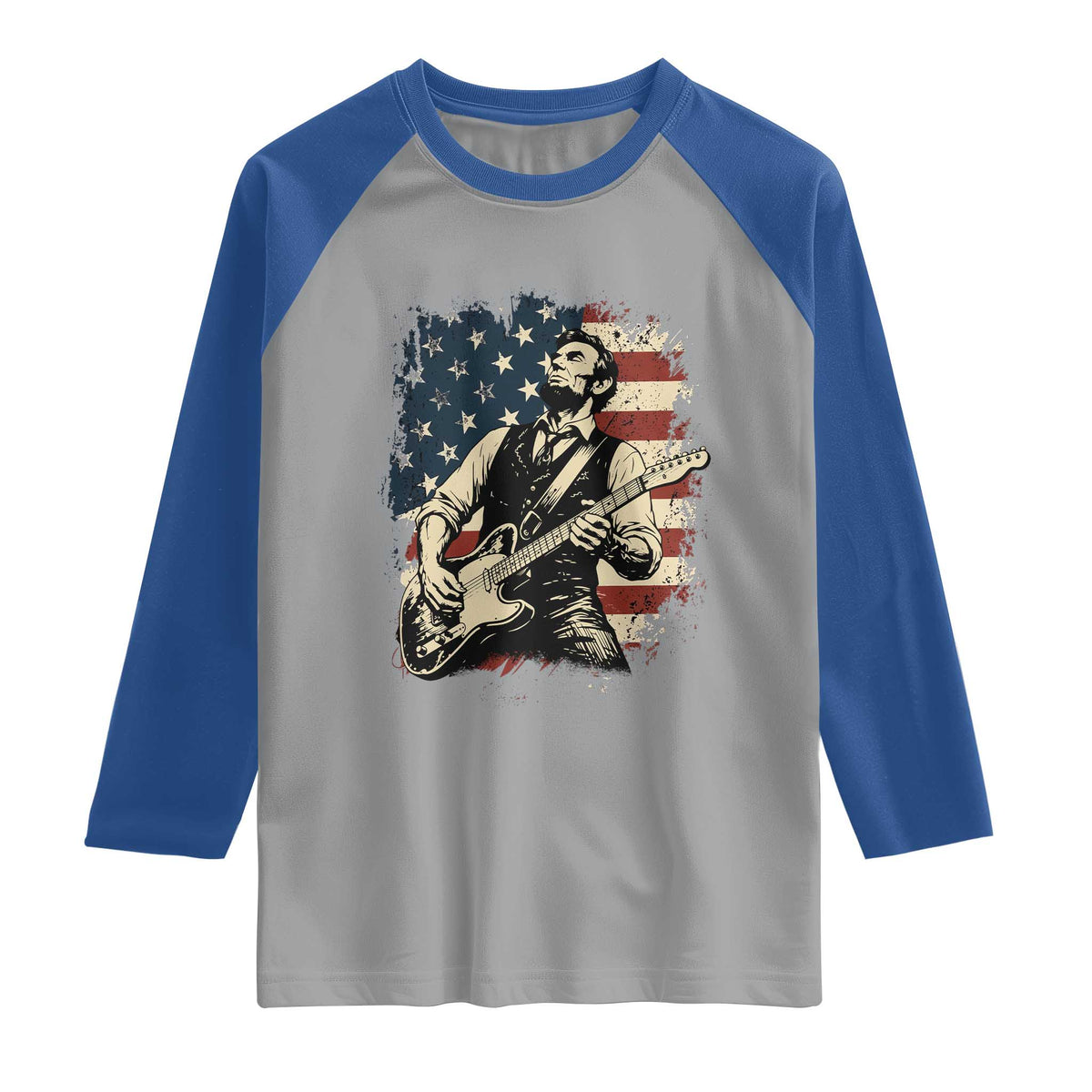 Vintage Abraham Lincoln Playing Electric Guitar Raglan Shirt Patriotic Rocker Gift TS12 Sport Gray Royal Print Your Wear