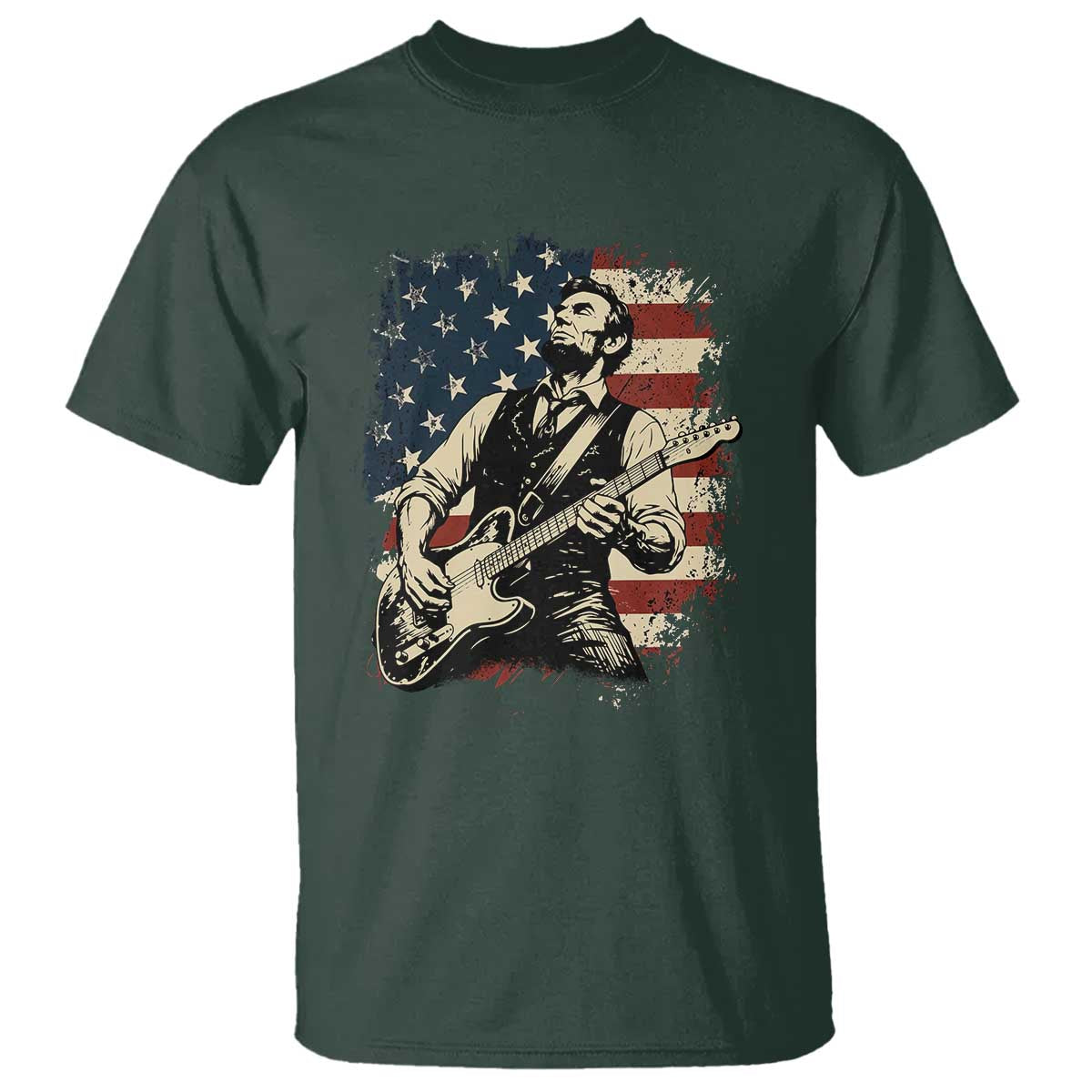 Vintage Abraham Lincoln Playing Electric Guitar T Shirt Patriotic Rocker Gift TS12 Dark Forest Green Print Your Wear