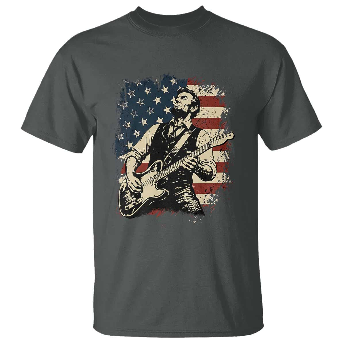 Vintage Abraham Lincoln Playing Electric Guitar T Shirt Patriotic Rocker Gift TS12 Dark Heather Print Your Wear