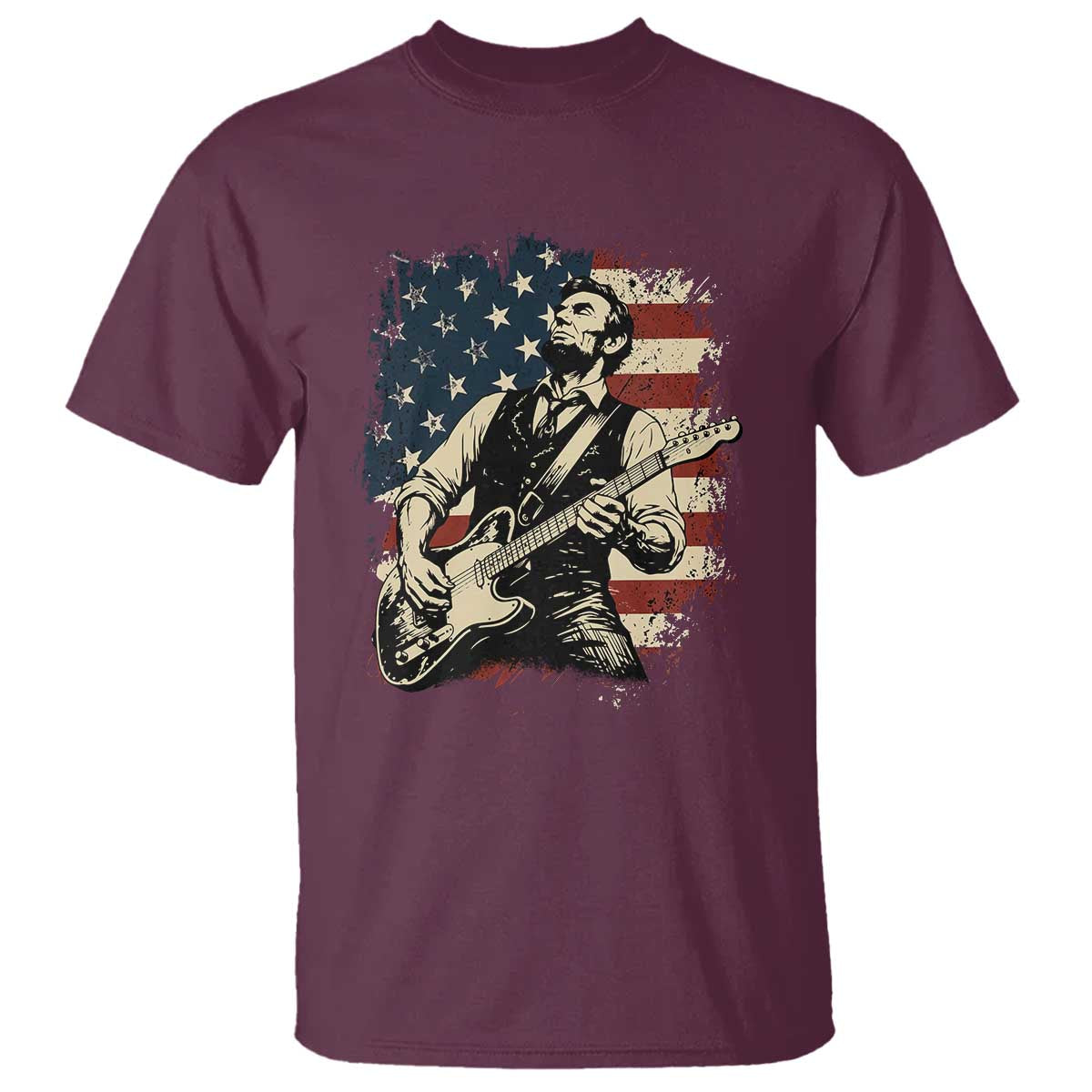 Vintage Abraham Lincoln Playing Electric Guitar T Shirt Patriotic Rocker Gift TS12 Maroon Print Your Wear