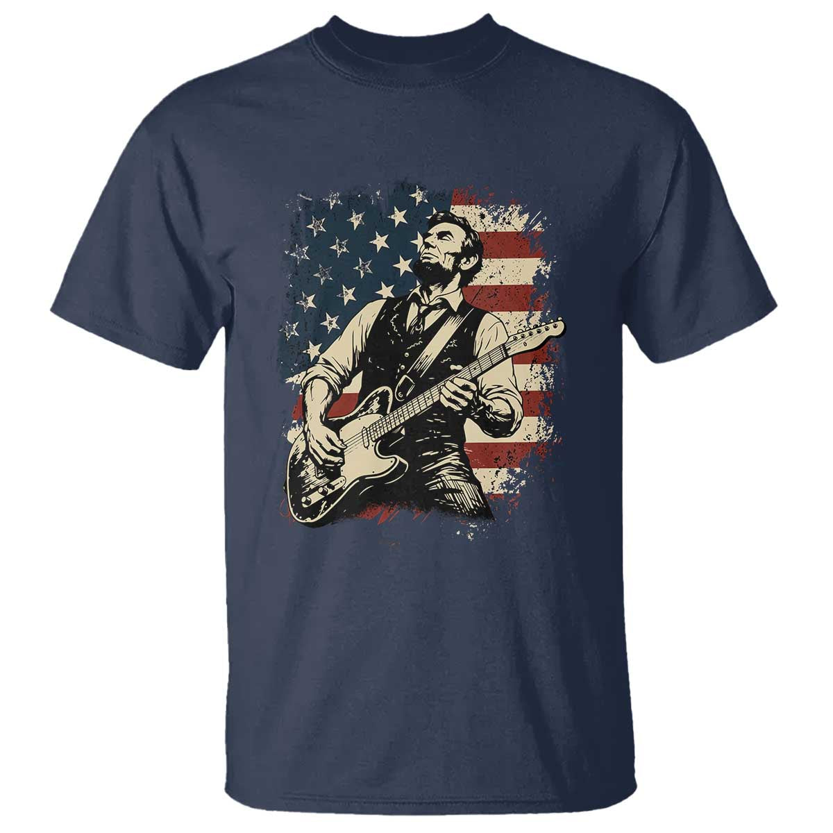 Vintage Abraham Lincoln Playing Electric Guitar T Shirt Patriotic Rocker Gift TS12 Navy Print Your Wear