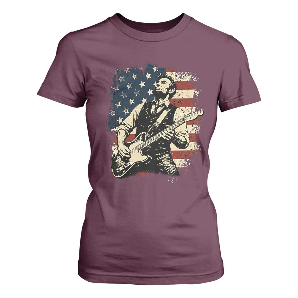 Vintage Abraham Lincoln Playing Electric Guitar T Shirt For Women Patriotic Rocker Gift TS12 Maroon Print Your Wear
