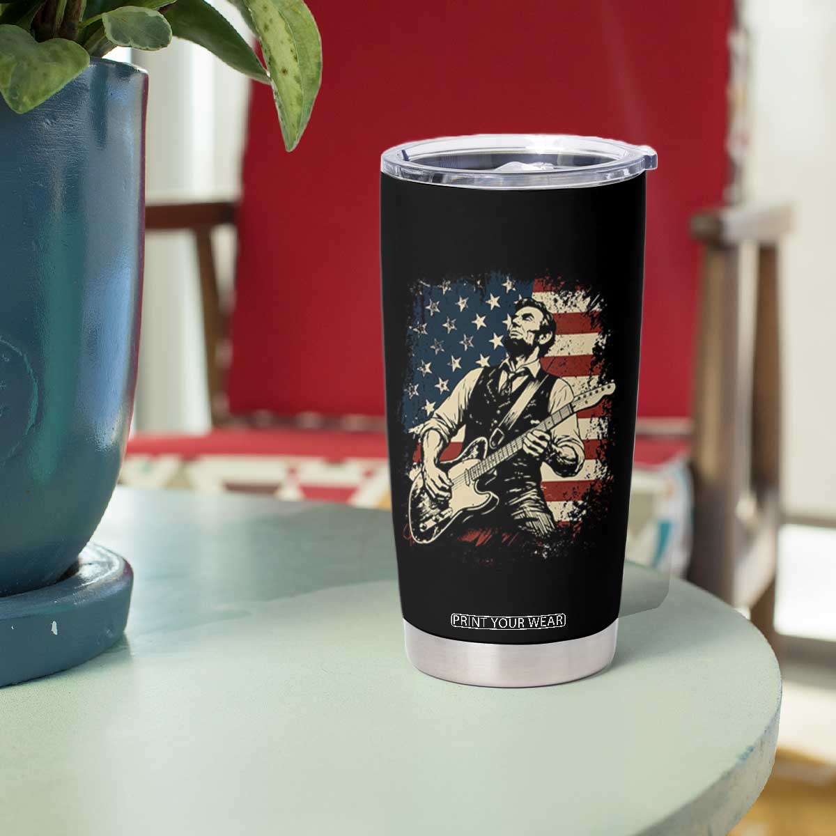 Vintage Abraham Lincoln Playing Electric Guitar Tumbler Cup Patriotic Rocker Gift TS12 Print Your Wear