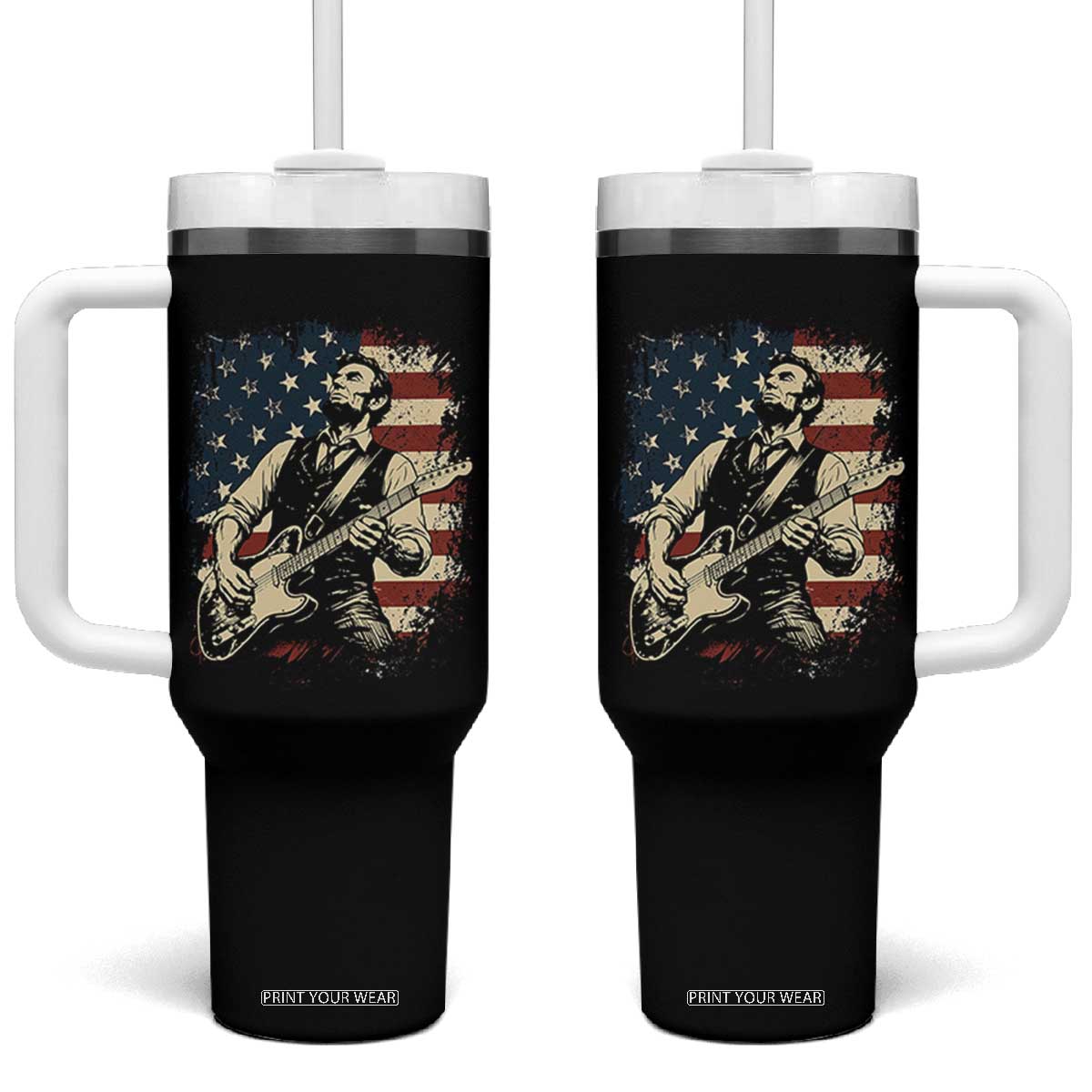 Vintage Abraham Lincoln Playing Electric Guitar Tumbler With Handle Patriotic Rocker Gift TS12 One Size: 40 oz Black Print Your Wear