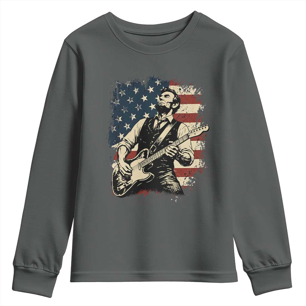 Vintage Abraham Lincoln Playing Electric Guitar Youth Sweatshirt Patriotic Rocker Gift TS12 Dark Heather Print Your Wear