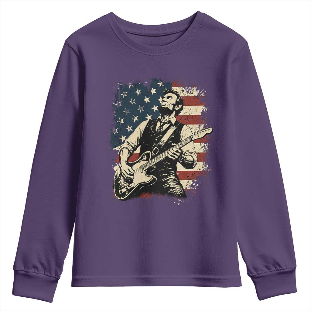 Vintage Abraham Lincoln Playing Electric Guitar Youth Sweatshirt Patriotic Rocker Gift TS12 Purple Print Your Wear
