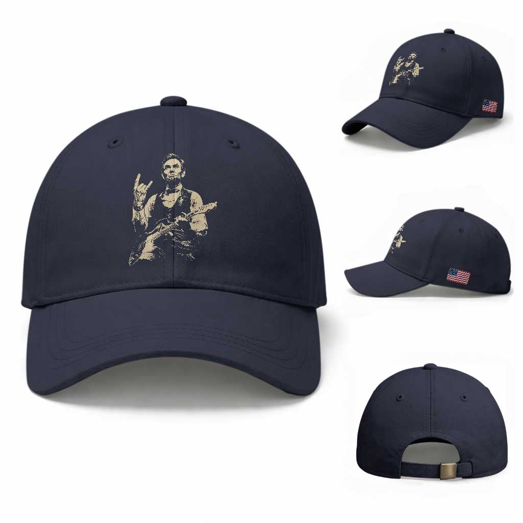 Rock And Roll Abraham Lincoln Playing Guitar Baseball Cap Vintage Patriotic Music Gift TS12 Baseball Cap Universal Fit Navy Print Your Wear
