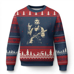 Rock And Roll Abraham Lincoln Playing Guitar Ugly Christmas Sweater Vintage Patriotic Music Gift TS12 Navy Red Print Your Wear