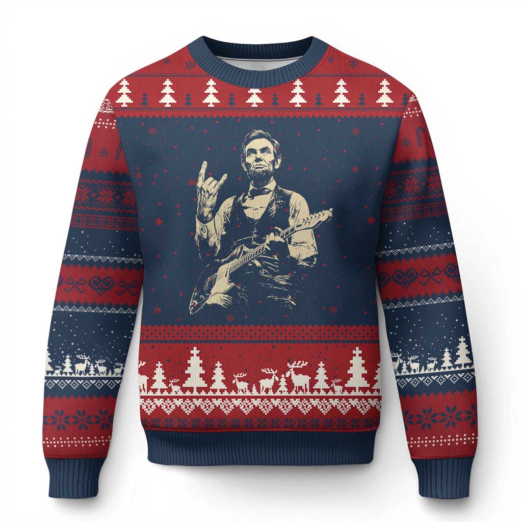 Rock And Roll Abraham Lincoln Playing Guitar Ugly Christmas Sweater Vintage Patriotic Music Gift TS12 Navy Red Print Your Wear