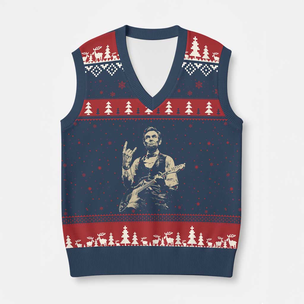 Rock And Roll Abraham Lincoln Playing Guitar V-Neck Knit Sweater Vest Vintage Patriotic Music Gift TS12 Navy Red Print Your Wear