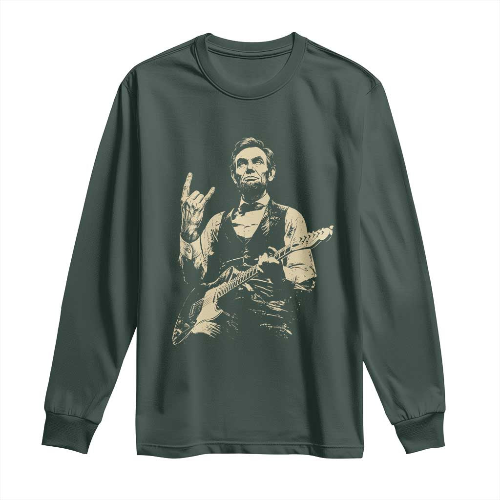 Rock And Roll Abraham Lincoln Playing Guitar Long Sleeve Shirt Vintage Patriotic Music Gift TS12 Dark Forest Green Print Your Wear