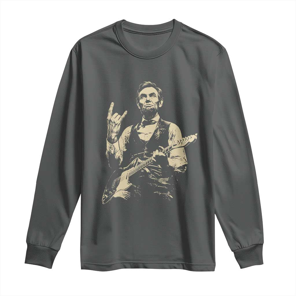 Rock And Roll Abraham Lincoln Playing Guitar Long Sleeve Shirt Vintage Patriotic Music Gift TS12 Dark Heather Print Your Wear