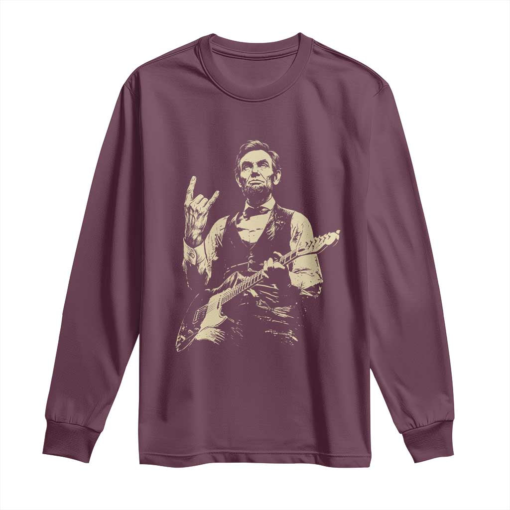Rock And Roll Abraham Lincoln Playing Guitar Long Sleeve Shirt Vintage Patriotic Music Gift TS12 Maroon Print Your Wear