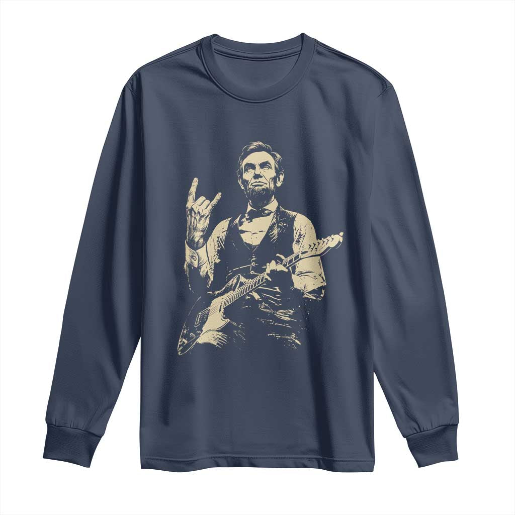 Rock And Roll Abraham Lincoln Playing Guitar Long Sleeve Shirt Vintage Patriotic Music Gift TS12 Navy Print Your Wear