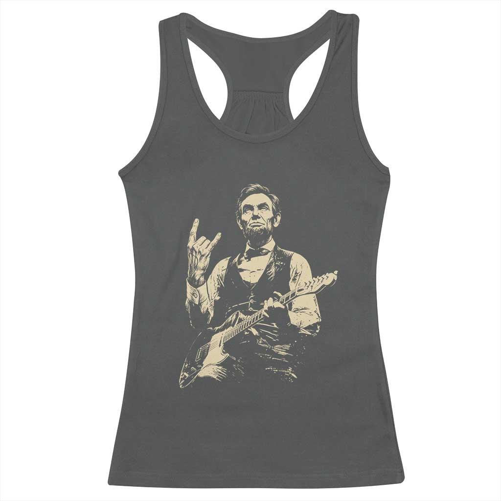 Rock And Roll Abraham Lincoln Playing Guitar Racerback Tank Top Vintage Patriotic Music Gift TS12 Dark Heather Print Your Wear