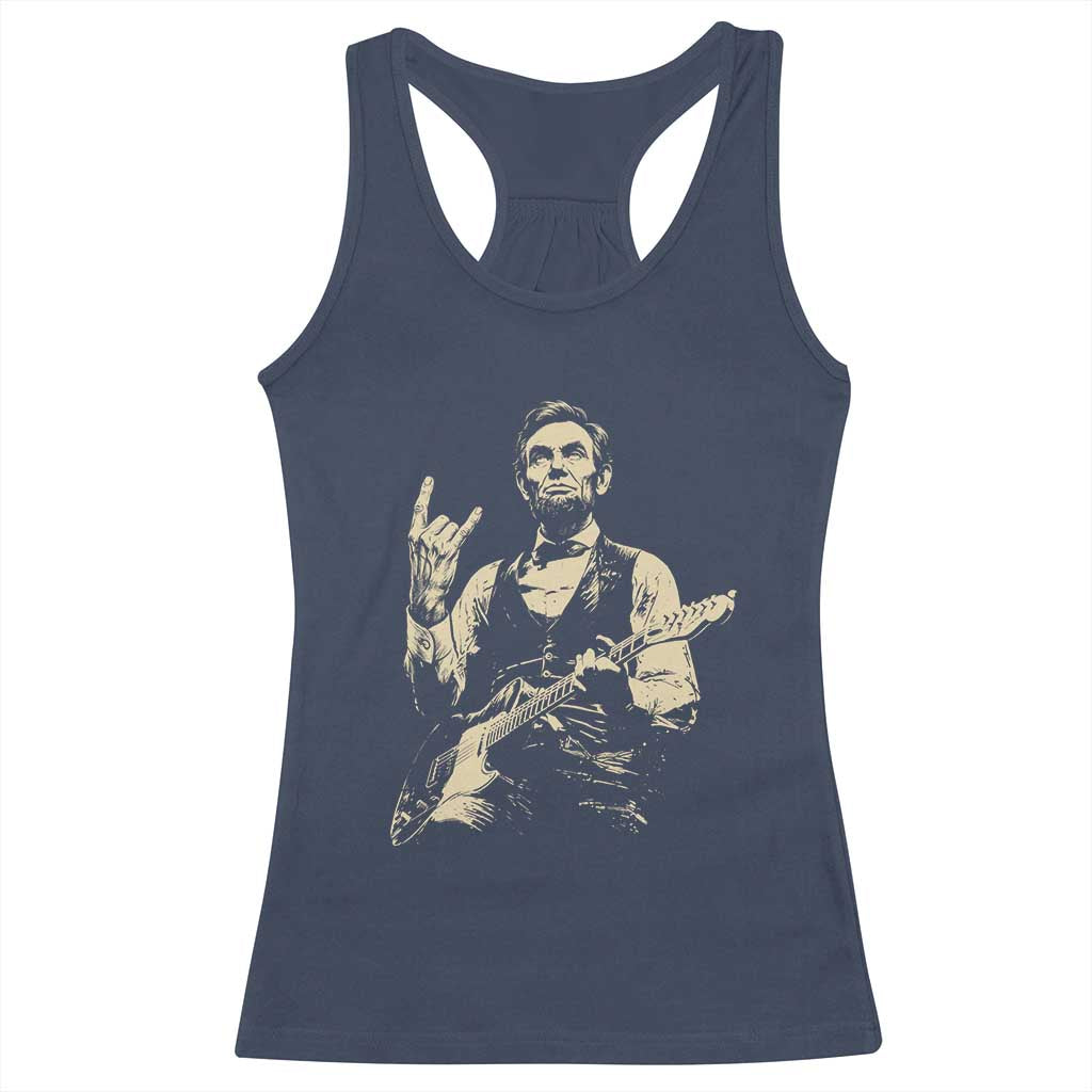 Rock And Roll Abraham Lincoln Playing Guitar Racerback Tank Top Vintage Patriotic Music Gift TS12 Navy Print Your Wear