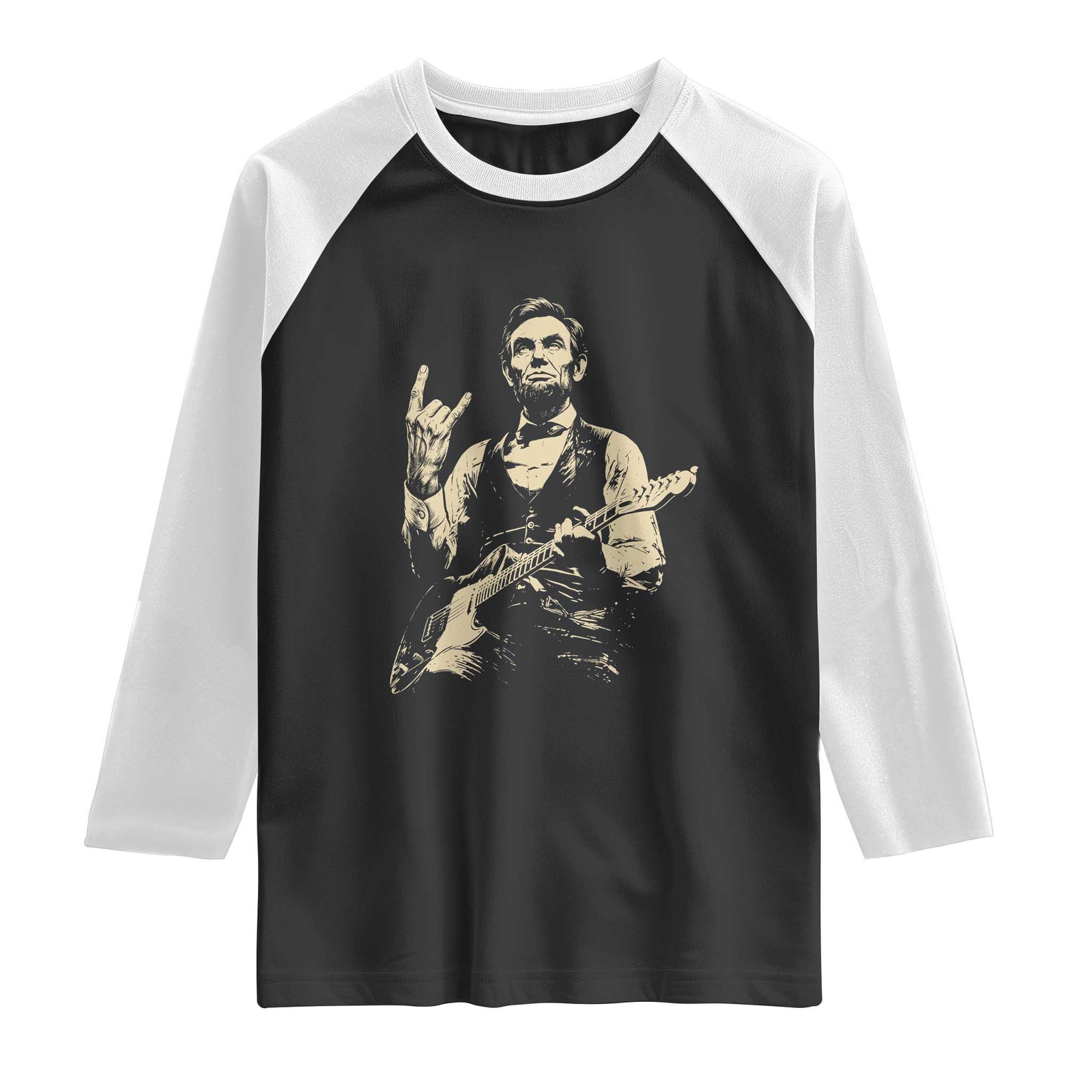 Rock And Roll Abraham Lincoln Playing Guitar Raglan Shirt Vintage Patriotic Music Gift TS12 Black White Print Your Wear