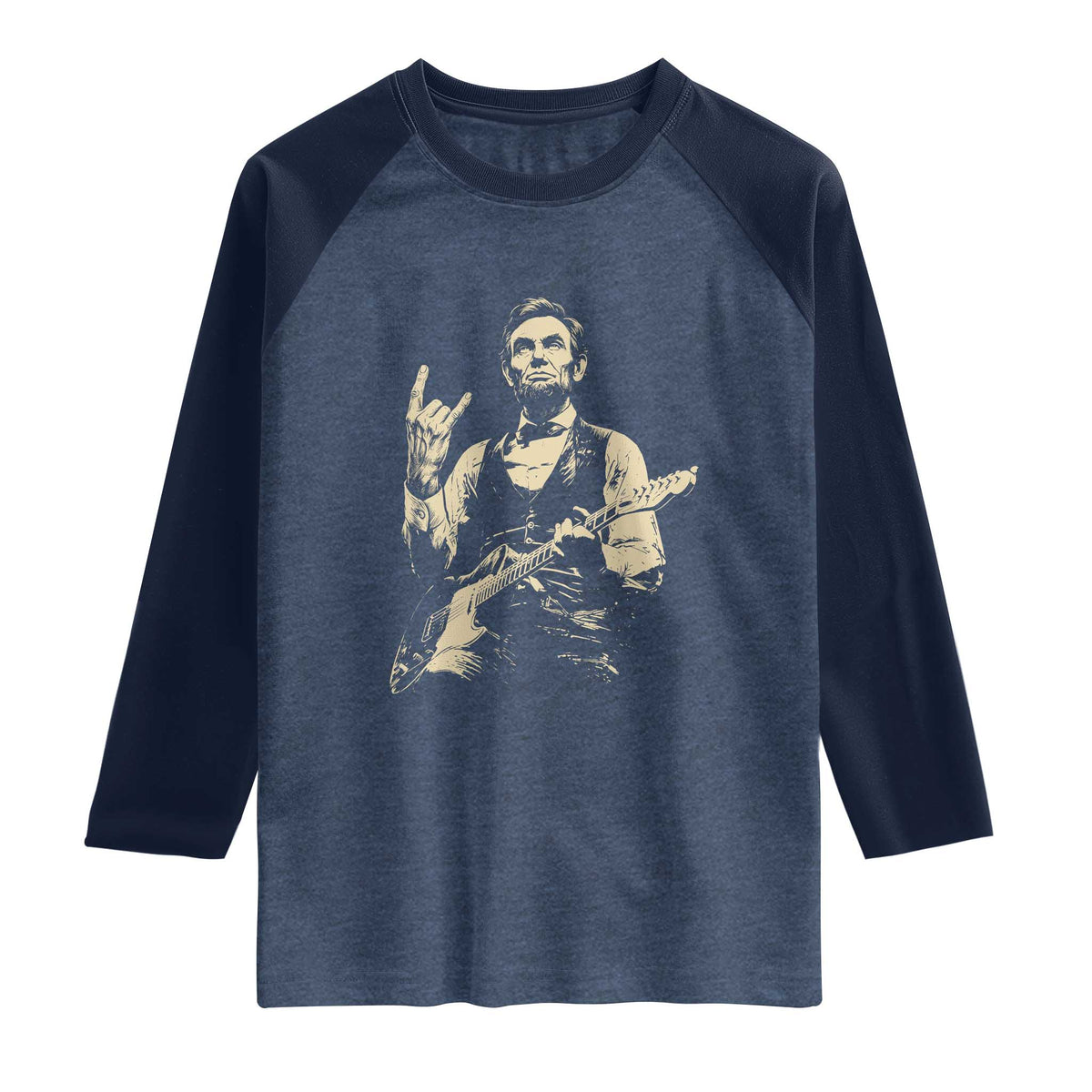 Rock And Roll Abraham Lincoln Playing Guitar Raglan Shirt Vintage Patriotic Music Gift TS12 Heather Denim Navy Print Your Wear