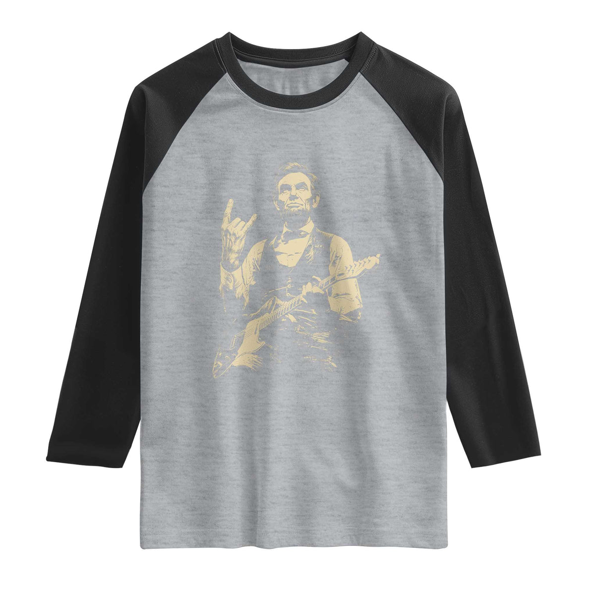 Rock And Roll Abraham Lincoln Playing Guitar Raglan Shirt Vintage Patriotic Music Gift TS12 Heather Gray Black Print Your Wear