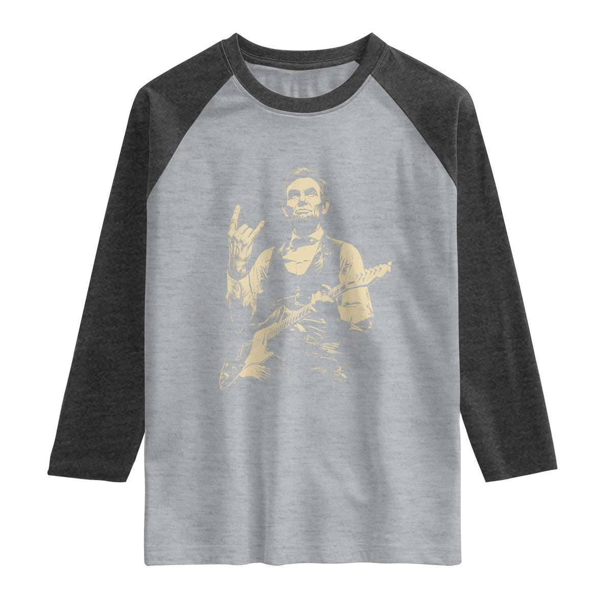 Rock And Roll Abraham Lincoln Playing Guitar Raglan Shirt Vintage Patriotic Music Gift TS12 Heather Gray Heather Charcoal Print Your Wear