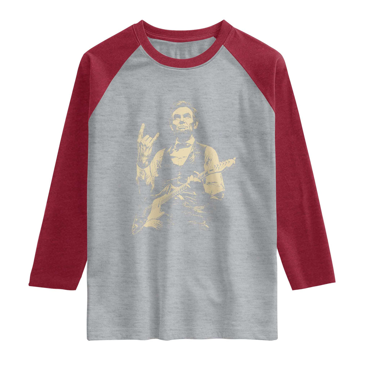 Rock And Roll Abraham Lincoln Playing Guitar Raglan Shirt Vintage Patriotic Music Gift TS12 Heather Gray Heather Red Print Your Wear