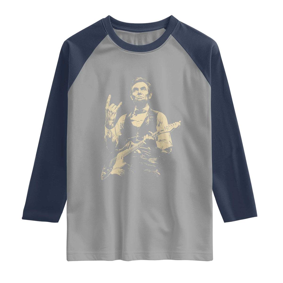 Rock And Roll Abraham Lincoln Playing Guitar Raglan Shirt Vintage Patriotic Music Gift TS12 Sport Gray Navy Print Your Wear