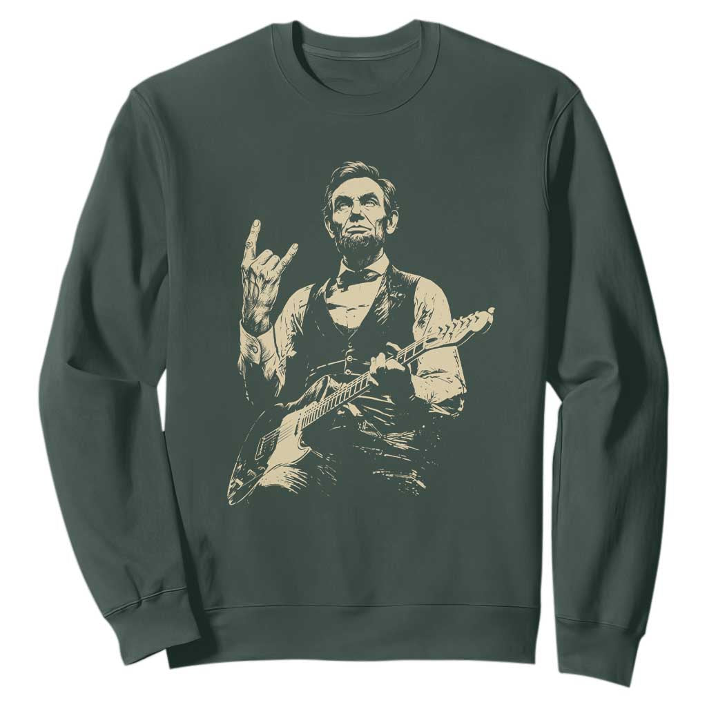 Rock And Roll Abraham Lincoln Playing Guitar Sweatshirt Vintage Patriotic Music Gift TS12 Dark Forest Green Print Your Wear