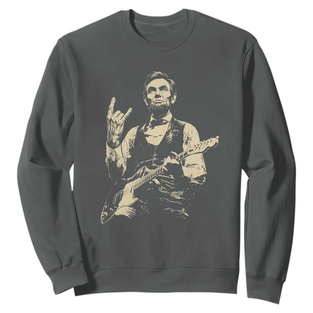 Rock And Roll Abraham Lincoln Playing Guitar Sweatshirt Vintage Patriotic Music Gift TS12 Dark Heather Print Your Wear