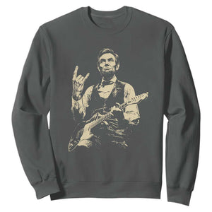 Rock And Roll Abraham Lincoln Playing Guitar Sweatshirt Vintage Patriotic Music Gift TS12 Dark Heather Print Your Wear