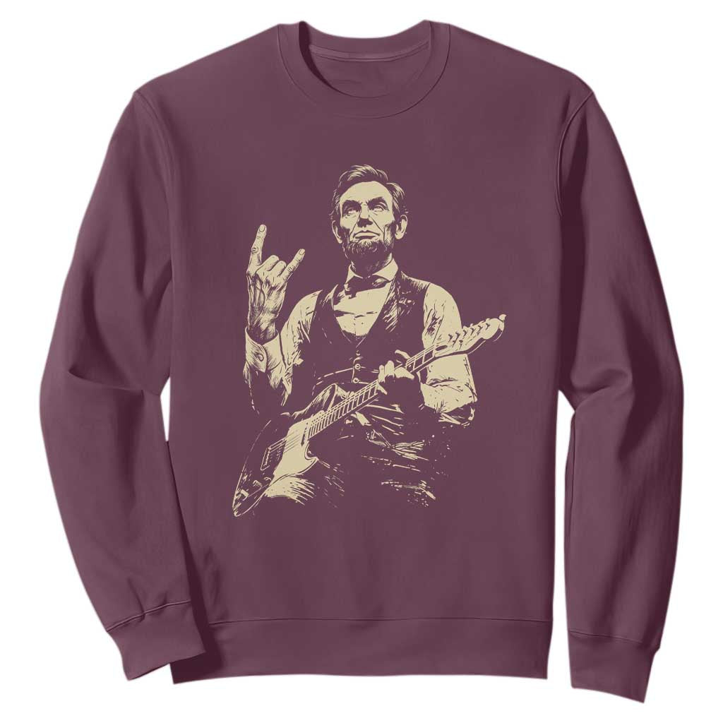 Rock And Roll Abraham Lincoln Playing Guitar Sweatshirt Vintage Patriotic Music Gift TS12 Maroon Print Your Wear