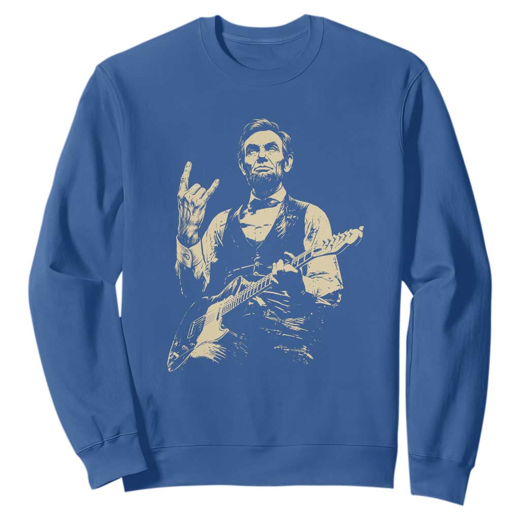 Rock And Roll Abraham Lincoln Playing Guitar Sweatshirt Vintage Patriotic Music Gift TS12 Royal Blue Print Your Wear